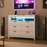 Fluted 6 Drawer Dresser with Power Outlet and LED Lights,Modern Chest of Drawers with Charging Station,Large Dresser TV Stand,Double Wooden Drawer Organizer for Bedroom,Living Room, Hallway(White) Jocoevol