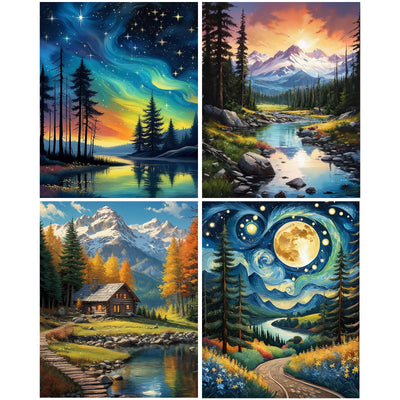 4 Pack Diamond Art Kits for Adults, 5D Full Drill Landscape Diamond Painting Kits for Beginners, Forest Mountain Starry Sky Gem Art and Crafts Home Wall Decor 12 X 16 inch