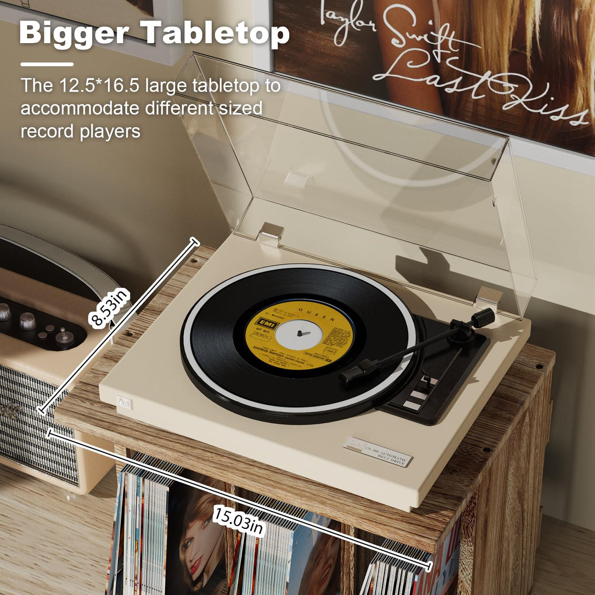 Emfogo Record Player Stand with Vinyl Storage, Turntable Wall Mount for 80-100 Albums, 3-Compartment Holder, Carbonized Black Emfogo