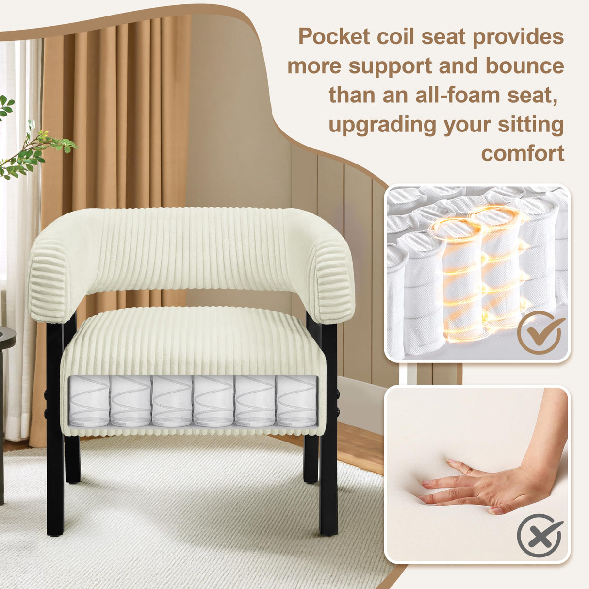 Yaheetech Corduroy Barrel Accent Chair Set of 2, Modern Upholstered Armchair with Solid Wood Legs, Cozy Leisure Chair with Pocket Coiled Seat for Living Room, Bedroom, Reading Nook Beige Yaheetech