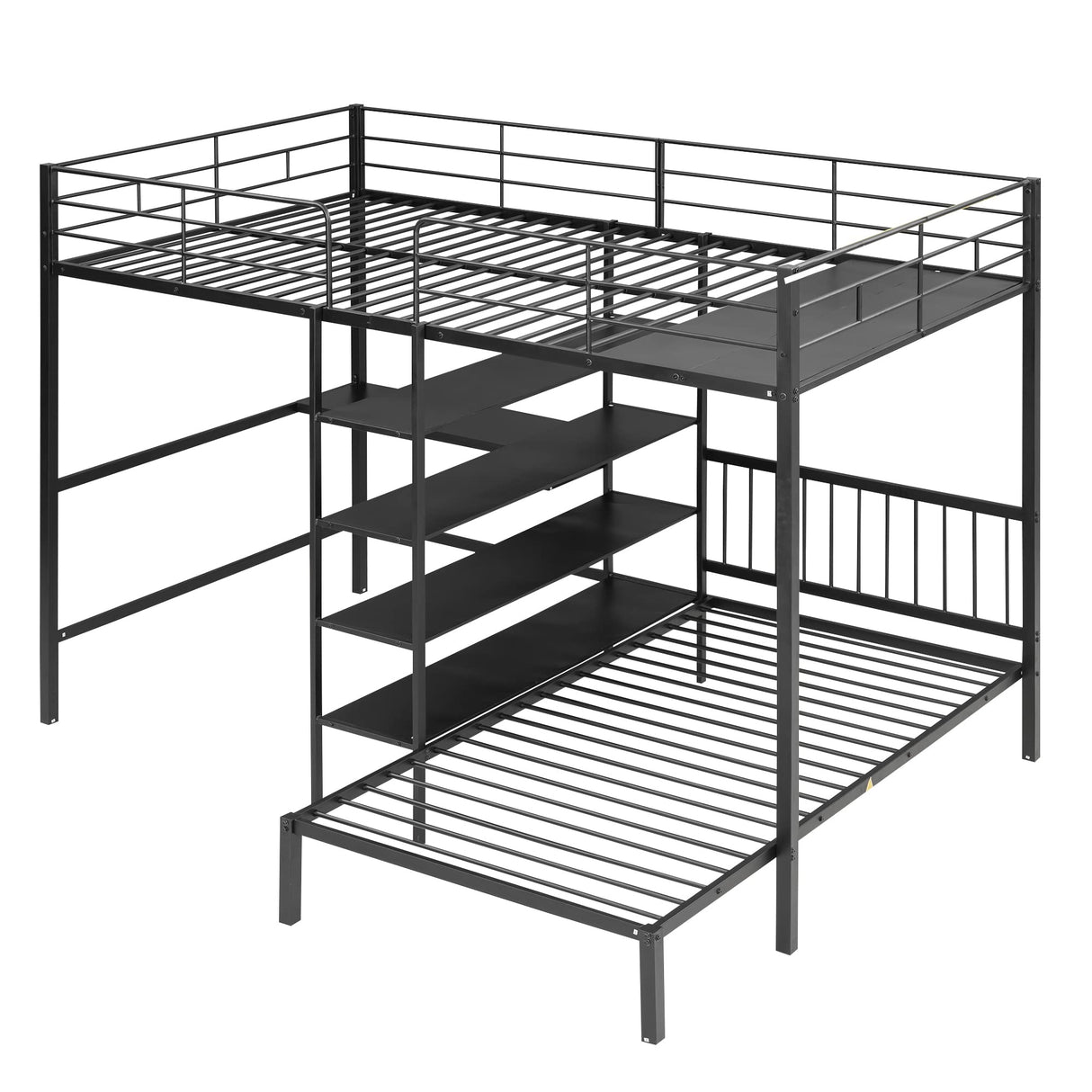 Merax Full Over Twin Metal Bunk Bed, L Shaped Loft Bed Frame with Built-in Desk, Shelves, and Ladder, Black Merax