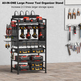 JUNNUJ Power Tool Organizer Floor Stand with Charging Station, Garage Adjustable Storage Rack Utility Tool Shelf with 8 Outlet Power Strip, Heavy Duty Drill and Battery Holder, Black JUNNUJ