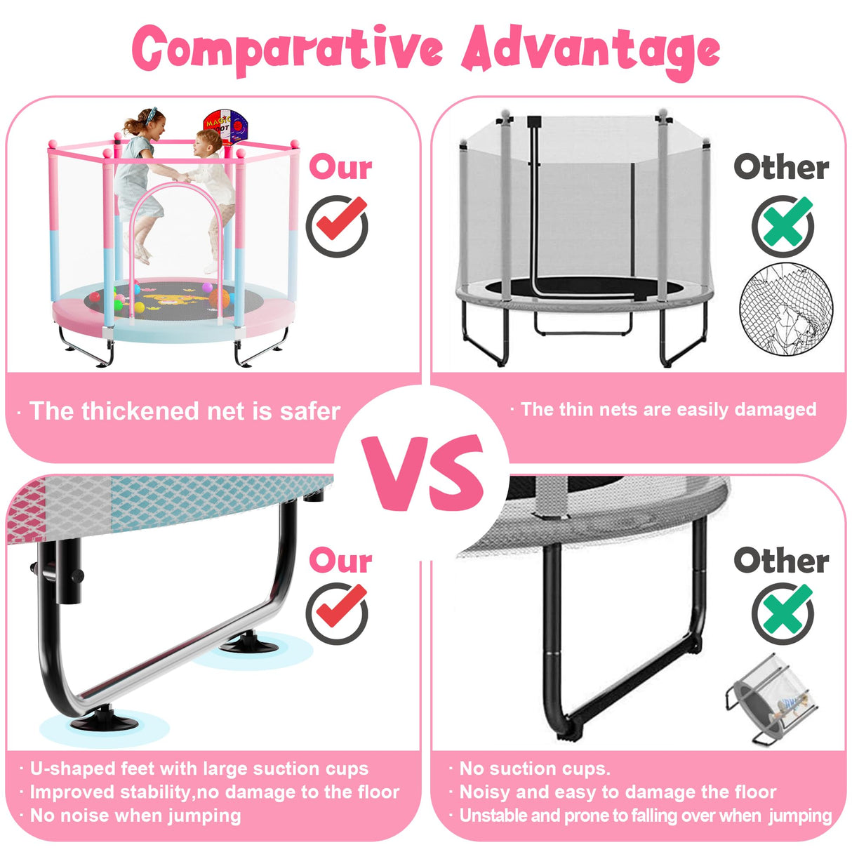 60" Trampoline for Kids, 5 FT Toddler Baby Trampoline with Safety Enclosure Net, Indoor or Outdoor Pink/Blue Small Trampolines with Basketball Hoop, Birthday Gifts for Kids, Gifts for Girl Age 3-8 VGMiu