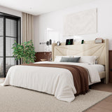 Feonase Queen Bed Frame with Charging Station, Upholstered Platform Bed Frame with Wingback Storage Headboard, Solid Wood Slats Support, No Box Spring Needed, Beige Feonase