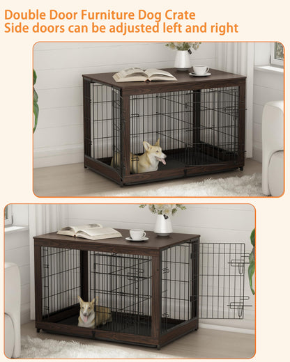 Piskyet Wooden Dog Crate Furniture with Divider Panel, Dog Crate End Table with Fixable Slide Tray, Double Doors Dog Kennel Indoor for Large Dogs(L:37.8 * 25.1 * 26.3inch,Brown Walnut) - WoodArtSupply