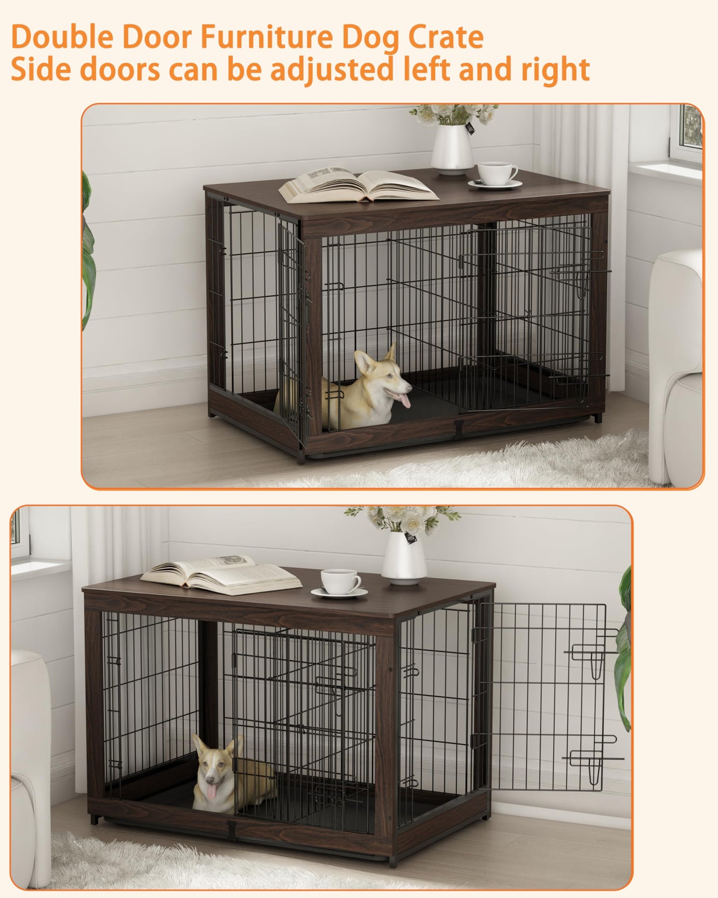 Piskyet Wooden Dog Crate Furniture with Divider Panel, Dog Crate End Table with Fixable Slide Tray, Double Doors Dog Kennel Indoor for Dogs(XL:43.2" L * 28.6" W * 30.3" H,Brown Walnut) - WoodArtSupply