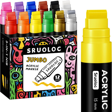 SRUOLOC 12 Colors Jumbo Markers, 15mm Jumbo Felt Tip, Acrylic Paint Markers for Rock Painting, Poster, Stone, Ceramic, Glass, Wood, Canvas SRUOLOC