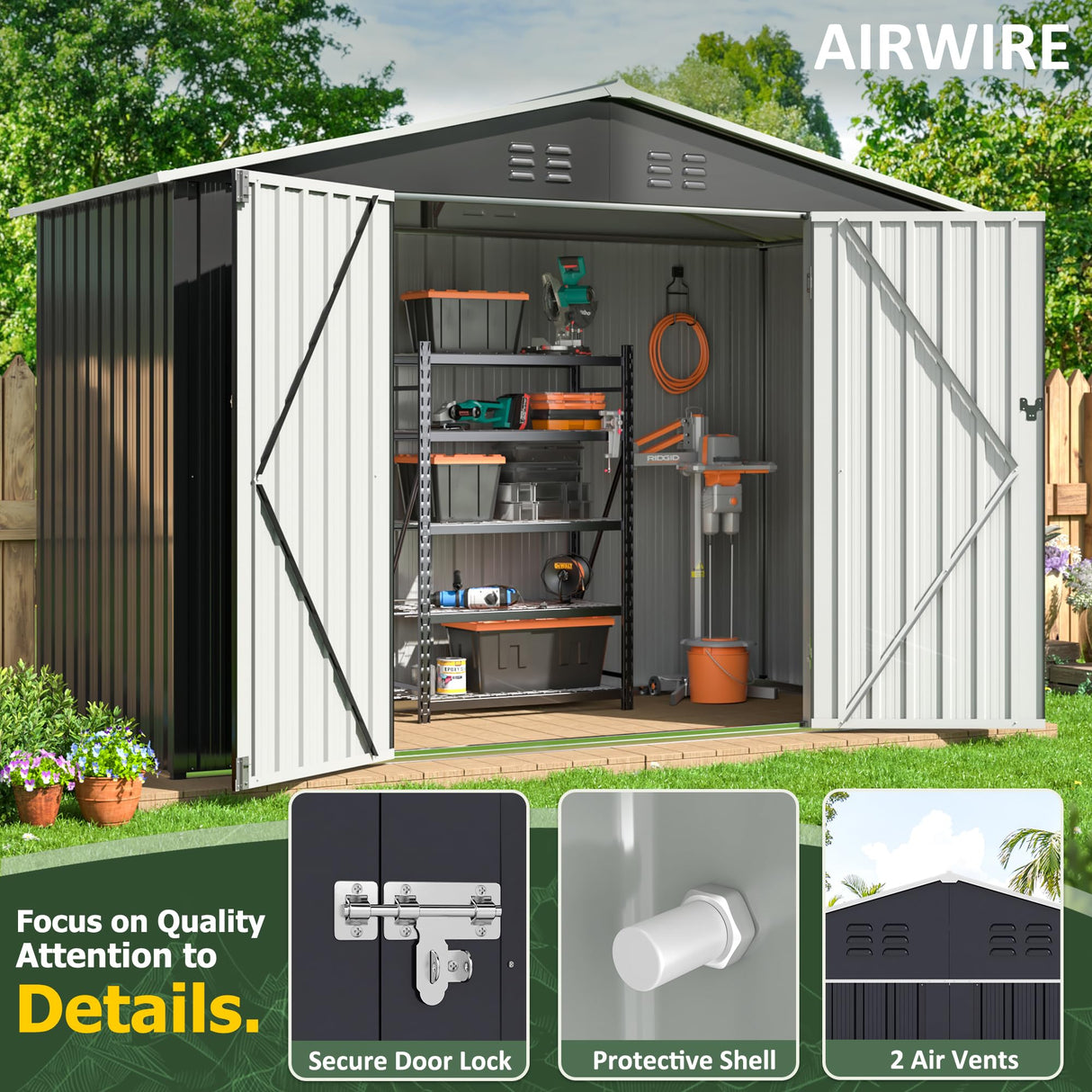 AirWire 9x4 FT Outdoor Storage Shed, Garden Shed with Updated Frame Structure and Lockable Doors, Metal Tool Sheds for Backyard Garden Patio Lawn, Grey AirWire