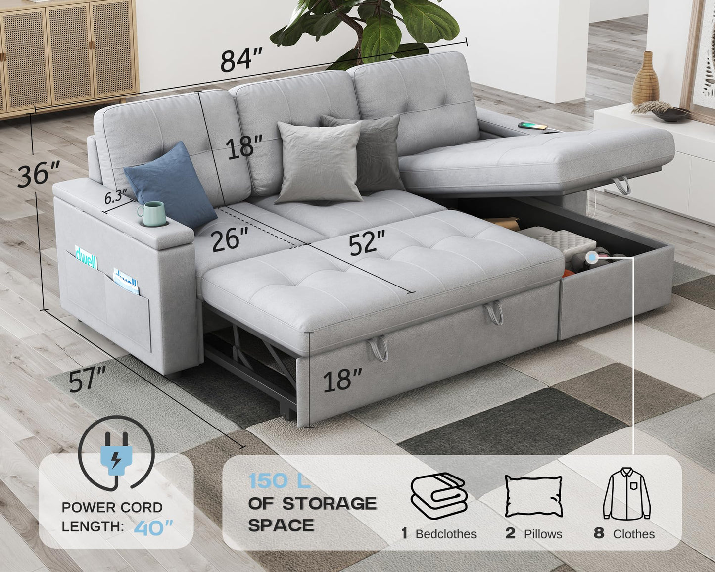 PaPaJet Sleeper Sofa Bed, 84 Inch Pull Out Couch Bed with 2 USB & Cup Holders, Tufted L Shape Convertible Sofa with Storage Chaise- Silver Grey