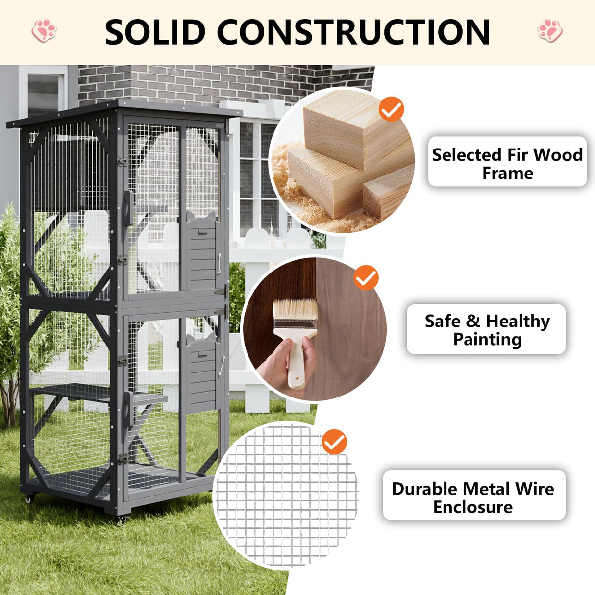 LEMBERI Cat House Catio Outdoor Enclosure Window, 71" Large Outside Patio Wooden Cat Cage with Wheels, Scratching Post, Waterproof Roof (Gray) LEMBERI