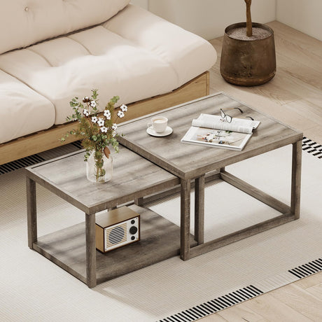 Giantex Nesting Coffee Table Set of 2, Stackable 2-Tier End Tables with Storage Shelf, Rubber Wood Frame, Farmhouse Nesting Tables for Living Room Bedroom Small Space, Grey Oak Giantex
