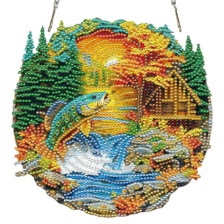 Auremi Landscape Diamond Art Hanging Kit for Adult, Special Shaped Rhinestone, DIY Acrylic 5D River Fish Diamond Painting Window Pendants Signs, Home Garden Wall Hanging Ornament Auremi