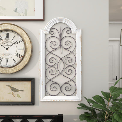 Deco 79 Wood Scroll Home Wall Decor Arched Window Inspired Wall Sculpture with Metal Scrollwork Relief, Wall Art 10" x 1" x 20", White