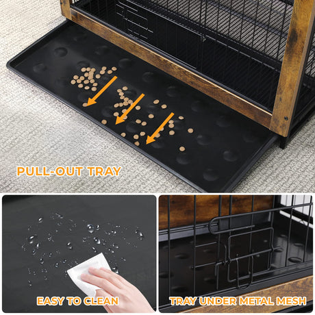 TLSUNNY Dog Crate Furniture, 44.1" Wooden Dog Crate Table, Indoor Dog Kennel with 2 Doors, Modern Dog Cage w/Pull-Out Removable Tray, Large/Medium/Small Dog House Furniture End Table, (Rustic) TLSUNNY