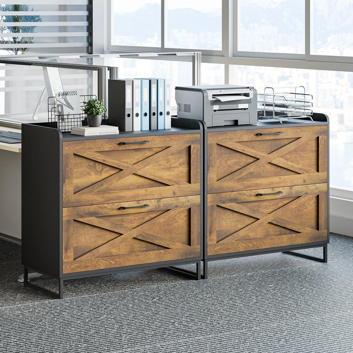 Lateral File Cabinet 2 Drawer File Cabinet with Charging Station, Modern Farmhouse Large Wood Home Office Furniture for Legal/Letter/A4 Size Hanging Files, Rustic Brown and Black Vabches