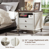 T4TREAM 24'' Farmhouse End Table w/4 Solid Wood Feet, Large 2 Drawers Wide Sofa Side Table with Charging Station, Tall Rustic Wood Square Nightstand for Living Room, Bedroom, Office, Antique White T4TREAM