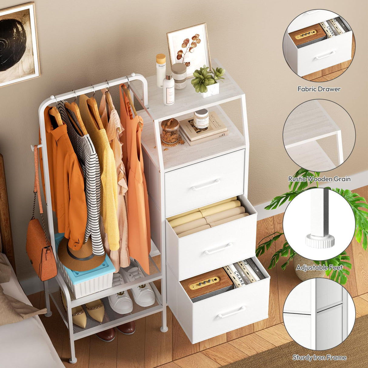 SWTYMIKI Dresser with Hanging Rack - 3 Fabric Drawers Kids Dresser for Bedroom - Reversible Tall Storage Tower, Small Space Clothes Storage Organizer Cabinet for Apartment, Dorm 49.21''H, White SWTYMIKI