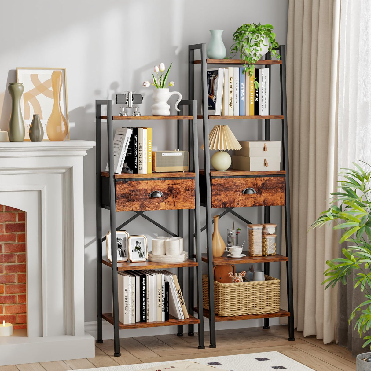 Furologee 5 Tier Ladder Shelf with Drawer, Tall Bookshelf Storage Shelves, Bookcase Standing Shelf Units, Industrial Open Display Shelves Organizer for Bedroom, Living Room, Kitchen, Rustic Brown Furologee