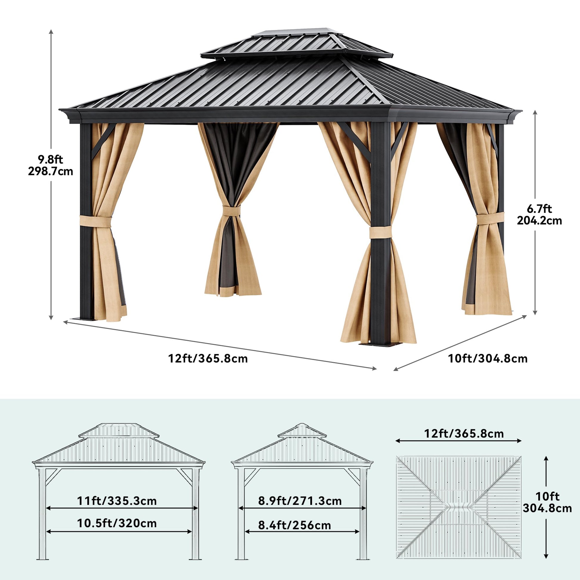 DWVO 10x12ft Hardtop Gazebo Double Roof with Nettings and Curtains, Heavy Duty Galvanized Steel Outdoor Vertical Stripes Roof for Patio, Backyard, Deck, Lawns, Brown - WoodArtSupply