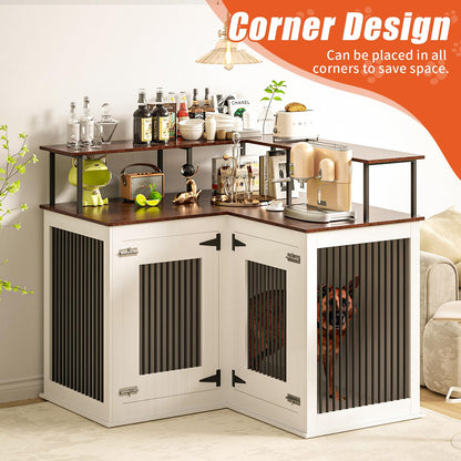 Corner Dog Crate Furniture, Decorative Dog Crate with Double Door Wooden Dog Crate Kennel Furniture with Divider Furniture Style Dog Crate End Table for Indoor Use (Black and White)