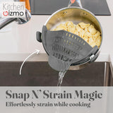 Kitchen Gizmo Snap N' Strain - Silicone Pasta Strainer Clip-On for Pots and Pans - Heat Resistant Colander for Vegetables and Noodles - Kitchen Gadgets for Cooking - Space-Saving Design - Grey Kitchen Gizmo