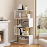 Yusong Geometric Bookcase, S Shaped Bookshelf 4-Tier Book Shelves for Bedroom, Modern Wood Decorative Display Shelf Tall Book Case for Home Office, Gold and White Yusong