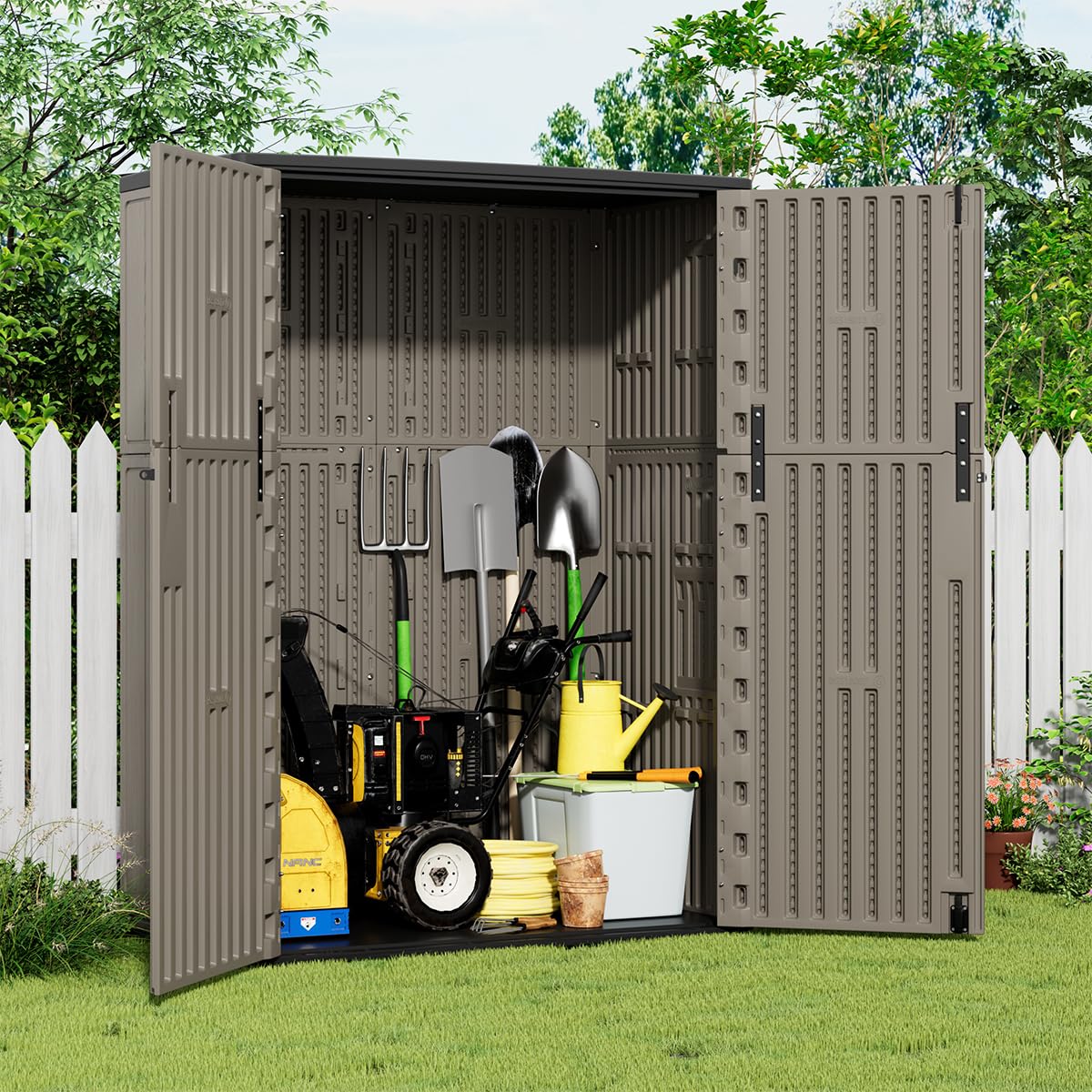 KINYING Outdoor Storage Cabinet Waterproof, 57 Cu.ft Resin Vertical Outdoor Storage Shed for Patio Furniture, Garden Tools, Pool Accessories, Mower Storage (Brown) KINYING