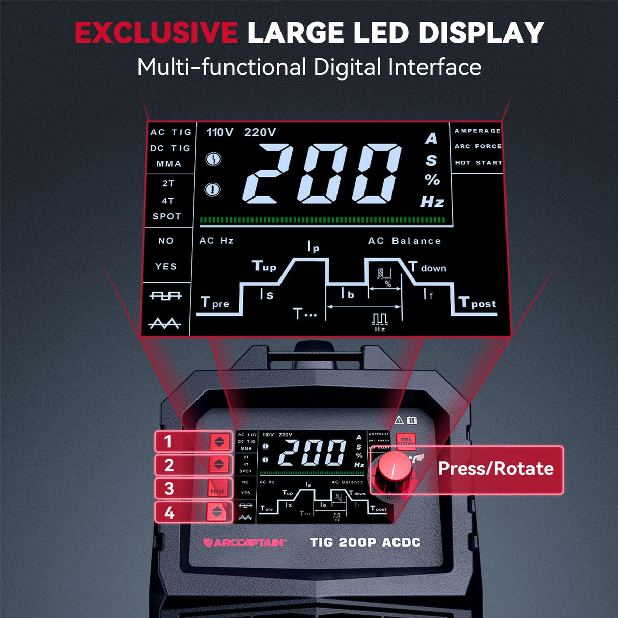 ARCCAPTAIN TIG Welder AC/DC 200Amp with Pulse, Aluminum TIG Welder 110V/220V TIG Welder with Square/Triangular Wave/Stick/MMA/Spot 7 in 1 MultiProcess Welding Machine ARCCAPTAIN