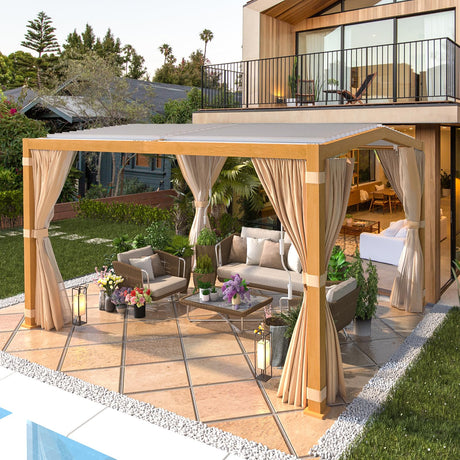 EROMMY Louvered Pergola 11'x13' Outdoor Hard Top Mansard Roof Gazebo with Aluminum Wooden Grain Frame and Adjustable Metal Rainproof Roof for Garden & Patio, Curtains and Netting Included, Wood Grain EROMMY
