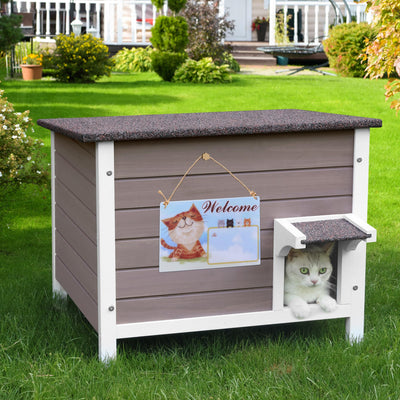 Deblue Insulated Cat Houses for Outdoor Cats, Weatherproof Feral Cat House with All-Round Foam, Wooden Cat Shelter for Multiple Cats - Grey
