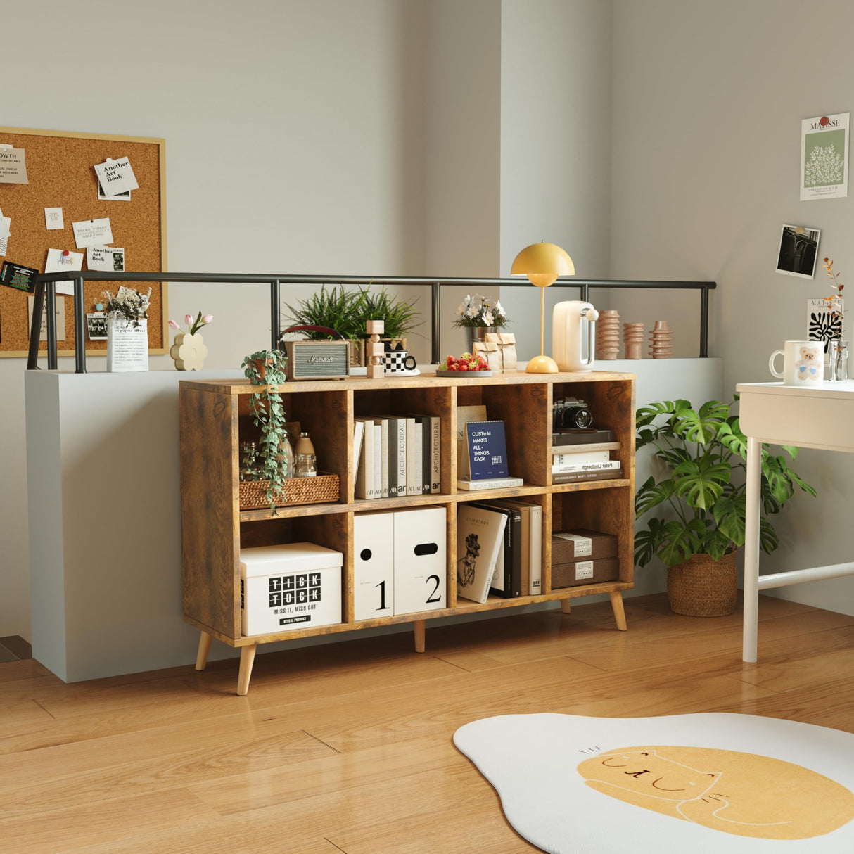 8-Cube Bookshelf 2 Tier Retro Bookcase with Legs, 11in Shelf Opening, 47" Wood Bookshelves Storage Organizer Shelf, Freestanding Open Book Shelves for Bedroom Living Room Office, Rustic Brown Flrrtenv