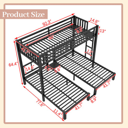 Mirightone Black Triple Bunk Bed Twin XL & Twin Over Twin, Bunk Bed with LED Light & Charging Station, Metal Detachable Bunk Beds for 3 Kids Girls Boys Teens, USB Ports & Outlets