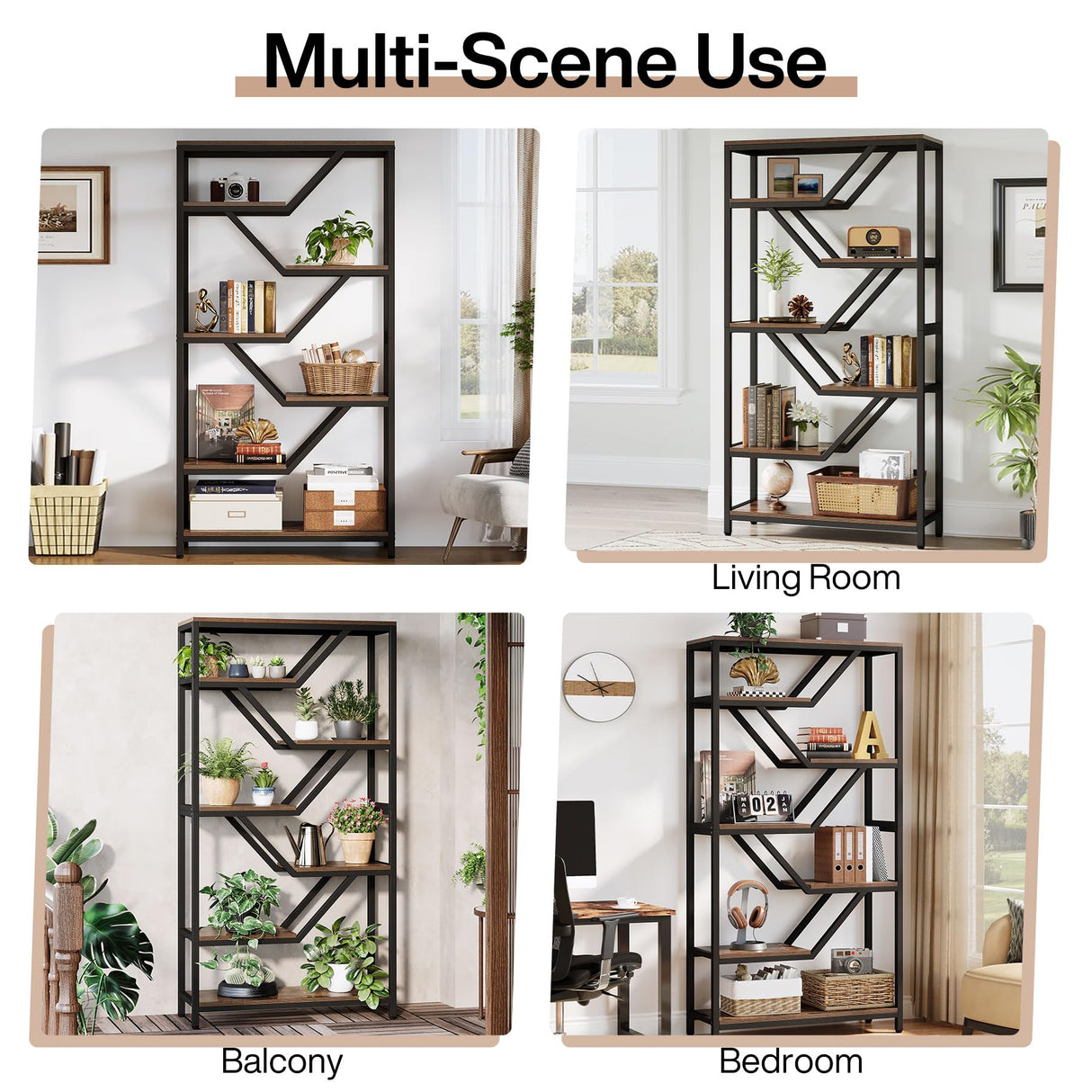 Tribesigns 6-Tier Bookshelf, 72-Inch Tall Industrial Open Storage Organizer, Freestanding Wood Display Rack with Metal Frame for Living Room, Bedroom, Home Office, Rustic Brown and Black Tribesigns