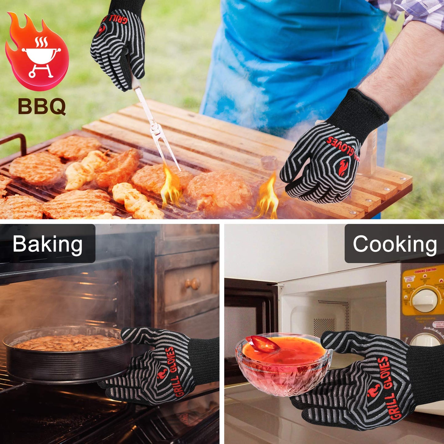 QUWIN BBQ Gloves, Oven Gloves 1472℉ Extreme Heat Resistant, Grilling Gloves Silicone Non-Slip Oven Mitts, Kitchen Gloves for BBQ, Grilling, Cooking, Baking-1 Pair… (Black, One Size Fits Most)