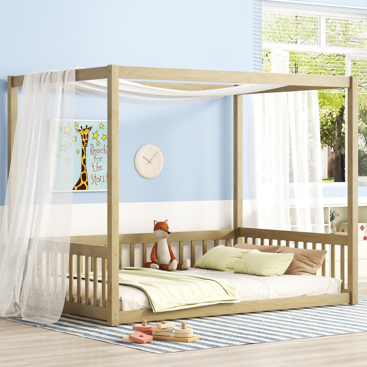 jurmiture Natural Wood Full Size Canopy Floor Bed with Guardrails for Kids jurmiture