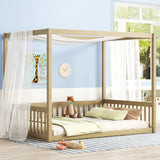 jurmiture Natural Wood Full Size Canopy Floor Bed with Guardrails for Kids jurmiture