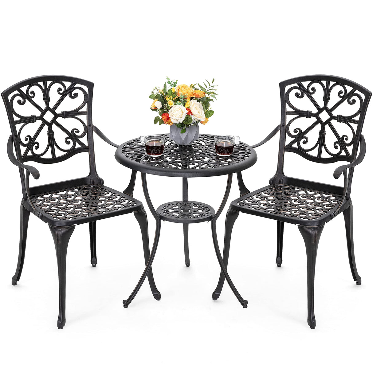 NUU GARDEN 3 Piece Outdoor Bistro Set Cast Aluminum Patio Set Bistro Table Set Rustproof Patio Table and Chairs with Umbrella Hole for Backyard, Balcony, Front Porch, Black NUU GARDEN