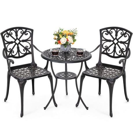 NUU GARDEN 3 Piece Outdoor Bistro Set Cast Aluminum Patio Set Bistro Table Set Rustproof Patio Table and Chairs with Umbrella Hole for Backyard, Balcony, Front Porch, Black NUU GARDEN