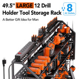 YFFSRJDJ Extra Large Power Tool Organizer Wall Mount with Charging Station, 12 Drill Holders Heavy Duty with 8-Outlet Power Strip, Garage Cordless Drill Storage and Organization, Battery Utility Rack YFFSRJDJ