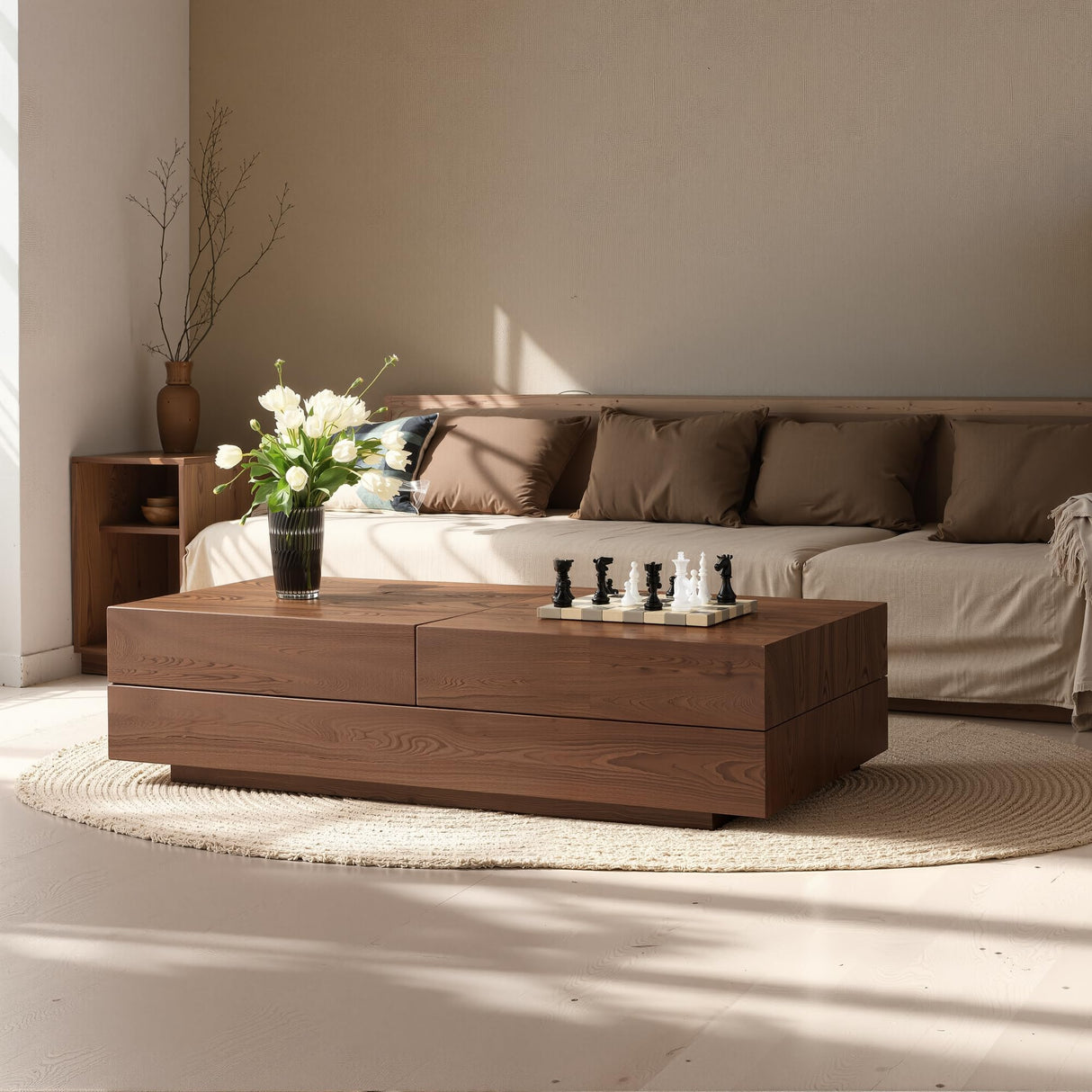 Pajiasen Mid-Century Modern Farmhouse 47.2-81.8" Expandable Coffee Table，Adjustable Center Table with Large Storage for Living Room, Walnut Pajiasen