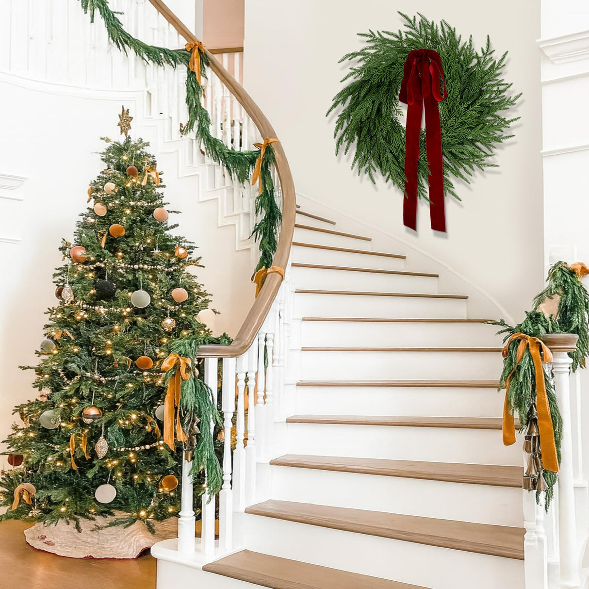 ENVEN Artificial Norfolk Pine & Cedar Christmas Wreath with Velvet Bow – Real Touch Faux Greenery Holiday Front Door Decoration for Indoor Outdoor Use ENVEN