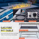 Lviden 9 Pieces Wicker Patio Furniture Set Outdoor PE Rattan Sectional Conversation Sofa Set with Peacock Blue Cushions and 45” gas fire pit table Lviden