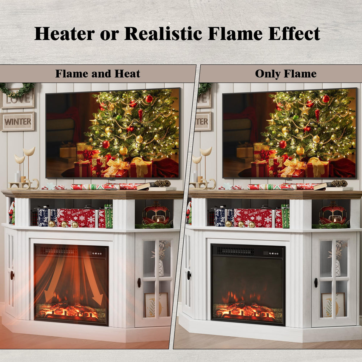 Flamaker Fireplace Corner TV Stand for TVs up to 55 Inch, Entertainment Center with 18" Fireplace, TV Console Table with Glass Door Storage Cabinet and Open Shelf (White) Flamaker