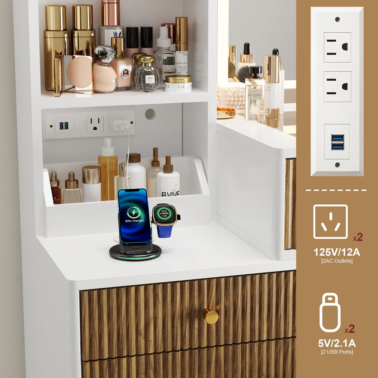 DAMCROP 44 Inch Vanity Desk with 32'' Lighted Mirror & Charging Station, Dressing Table with Modern Fluted Design Glass Top 5 Drawers, 3 Shelves Makeup Vanity Set for Bedroom Dressing Room(White) DAMCROP