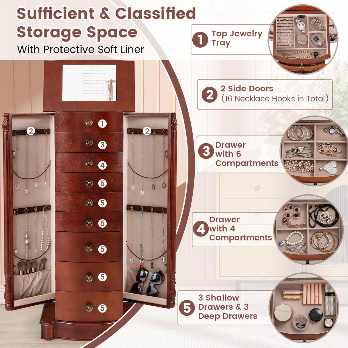 Giantex Large Jewelry Armoire Cabinet with 8 Drawers & 2 Swing Doors 16 Hooks Top Mirror Boxes, Standing Cambered Front Storage Chest Stand, Large Standing Jewelry Armoire, Dark Walnut Giantex