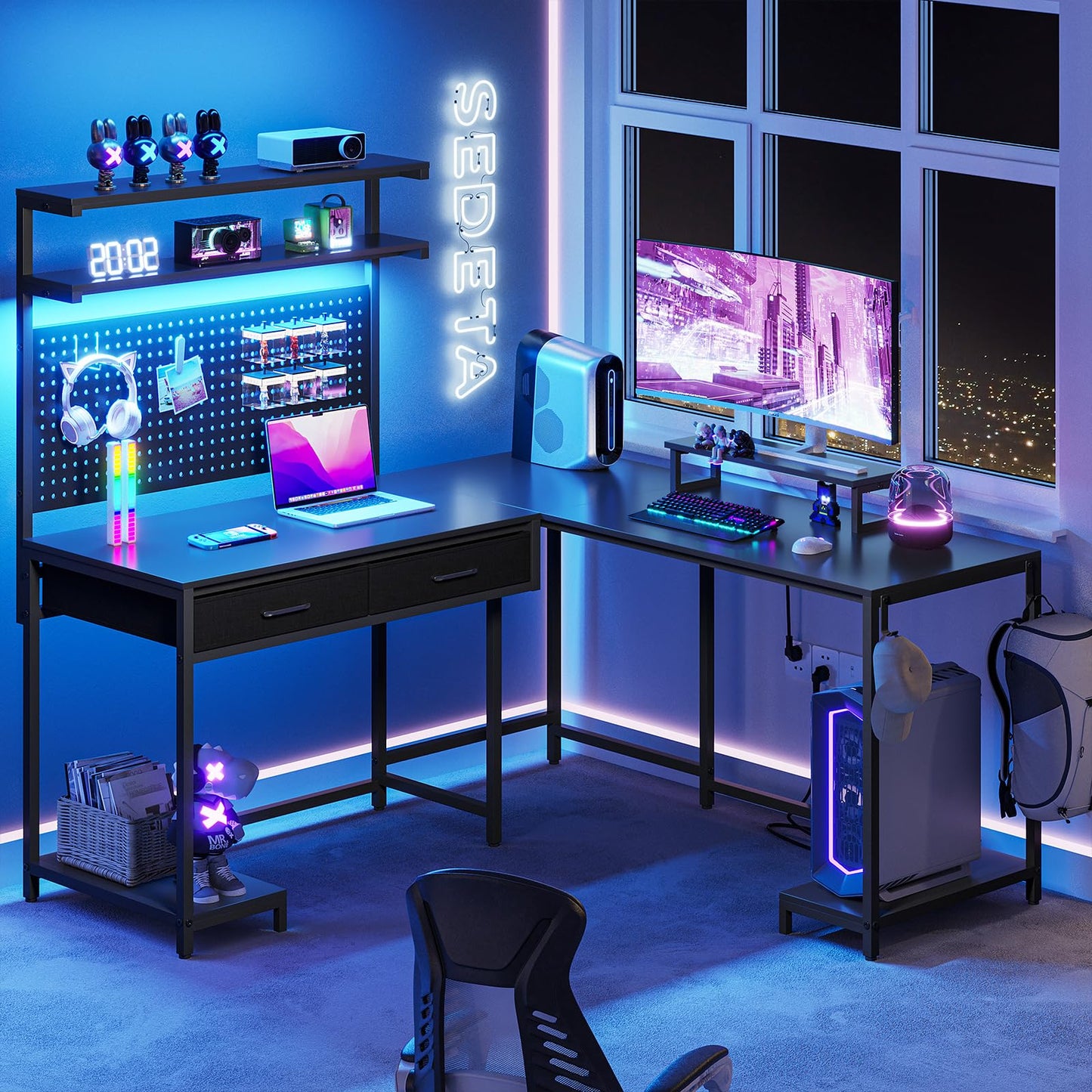 SEDETA L Shaped Gaming Desk with LED Lights, Pegboard and Drawers, Gaming Desk with Hutch, Computer Desk with Monitor Stand, Storage Shelves, Home Office Desk Corner Desk, Gaming Table, Black - WoodArtSupply