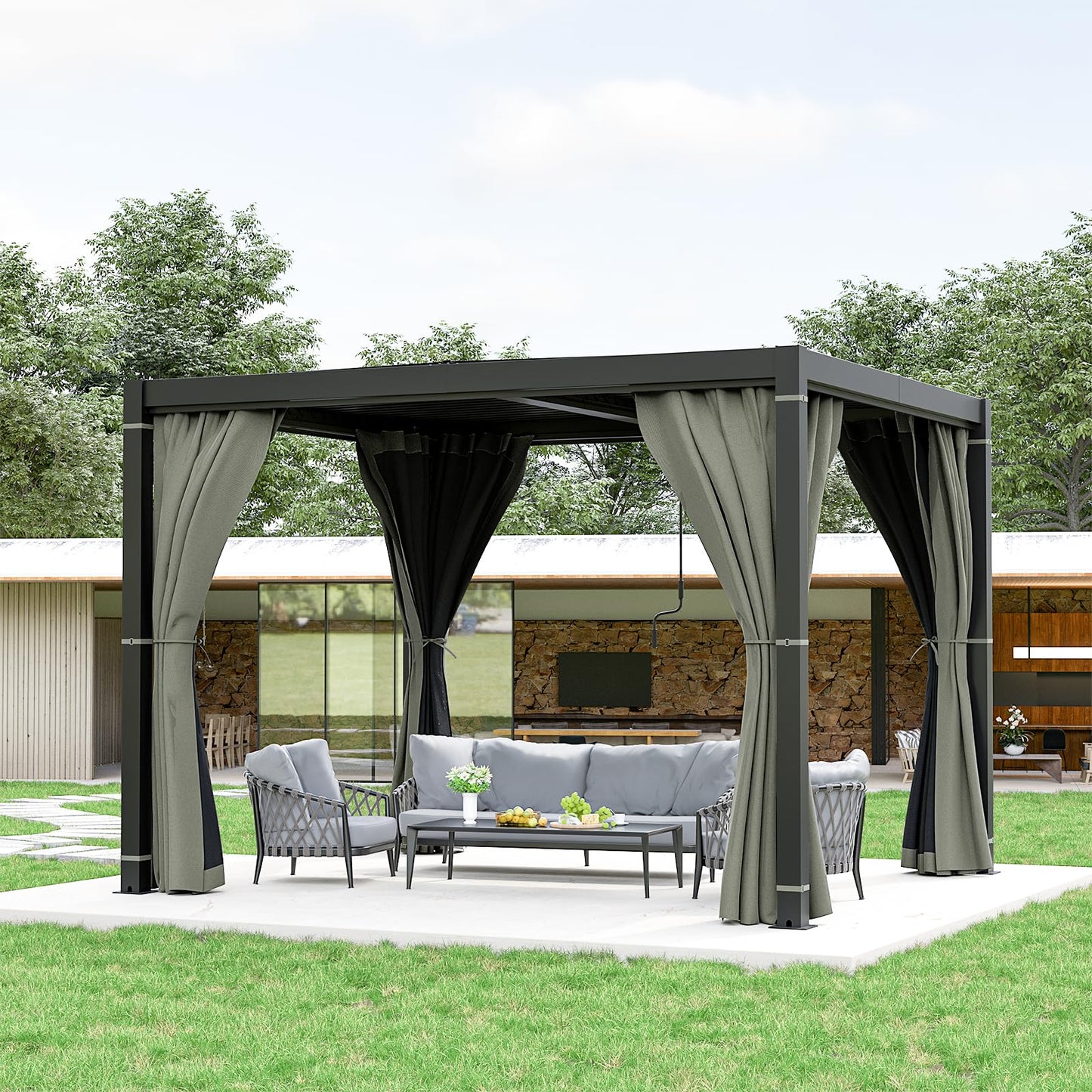 10 x 10 FT Outdoor Louvered Pergola, Pergola with Adjustable Aluminum Rainproof Roof, Gazebo Sun Shade Shelter for Patio Deck Garden Yard, Curtains and Netting Included, Gray