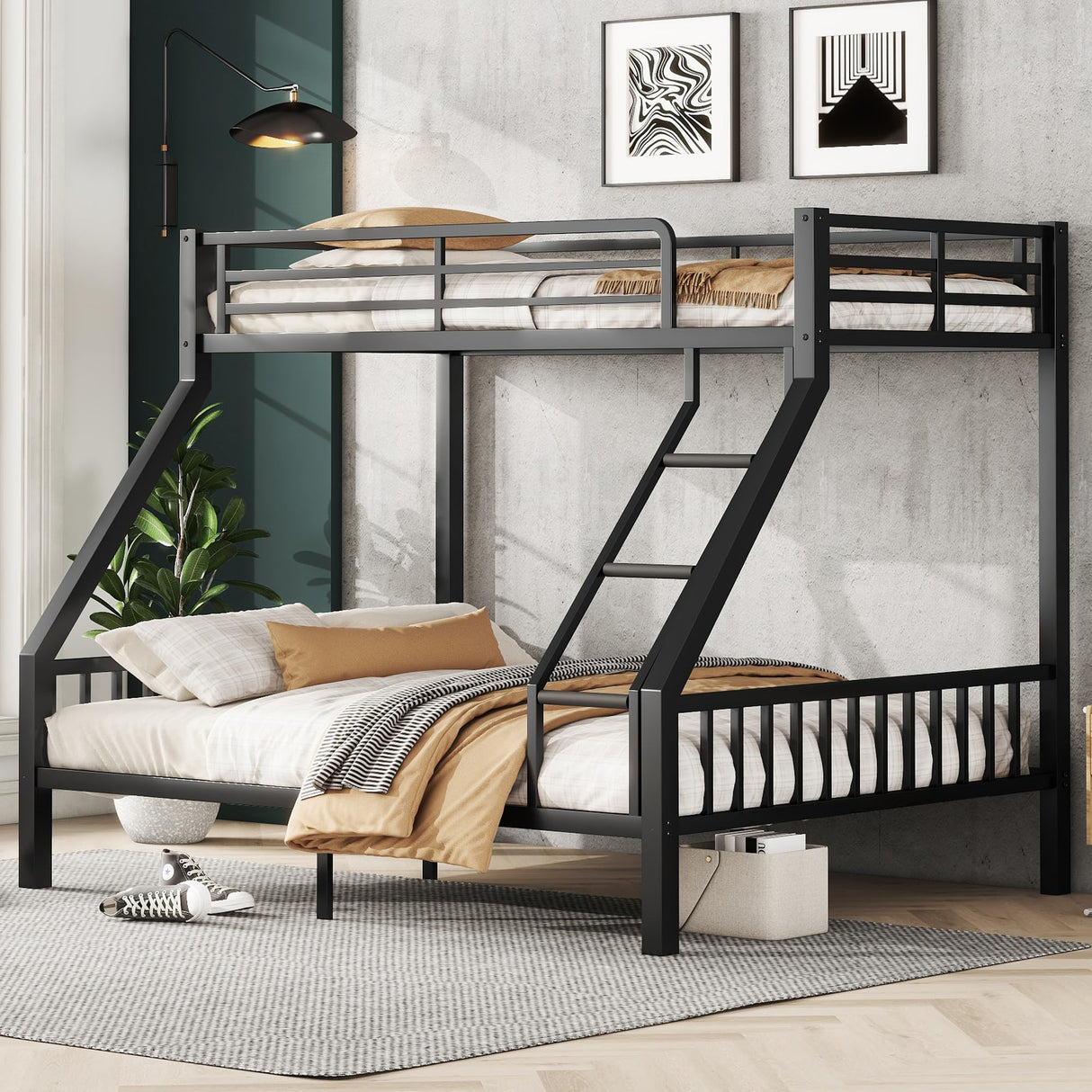 Twin XL Over Queen Bunk Beds for Adults and Teens, Heavy-Duty Metal Bunk Bed Frame with Ladder and Slats Support for Boys Girls,Space-Saving Design,Noise Reduced,Black MoproBeti