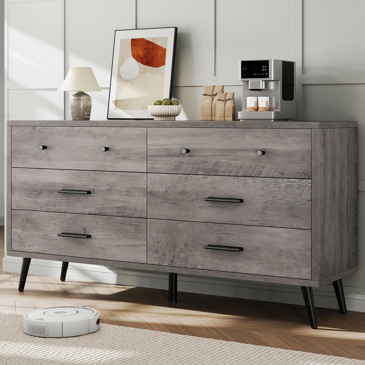 DWVO Grey 6 Drawers Dresser/Modern Wood Chest of Drawers with Black Metal Handle＆Anti-Tipping Device/Modern Double Dresser Storage Cabinet for Entryway/Living Room-15.7" Dx55.1 Wx31.1 H DWVO