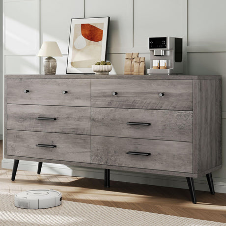 DWVO Grey 6 Drawers Dresser/Modern Wood Chest of Drawers with Black Metal Handle＆Anti-Tipping Device/Modern Double Dresser Storage Cabinet for Entryway/Living Room-15.7" Dx55.1 Wx31.1 H DWVO